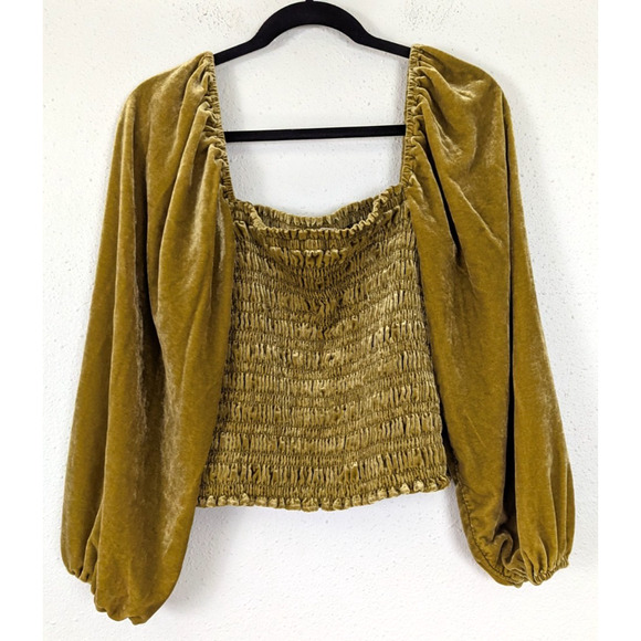 by Anthropologie sz L Velvet Puff Sleeve Smocked Blouse gold yellow top 3908 - Picture 3 of 6